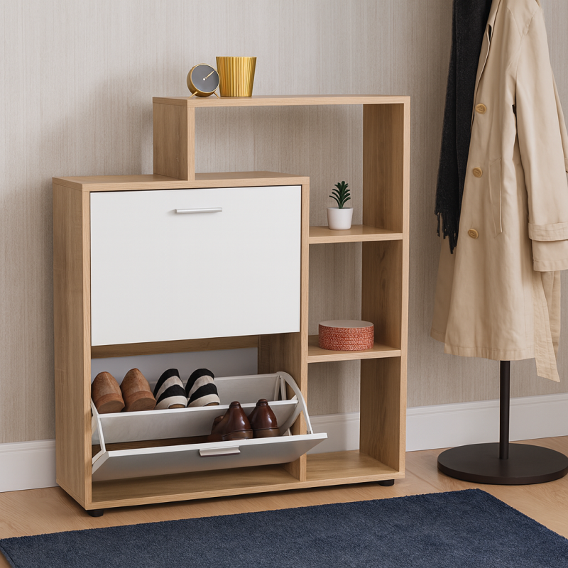 Porte-Chaussures Modera avec Façade en High Gloss et 2 Portes Battantes, Compartiments Inclus Porte-Chaussures Modera avec Façade en High Gloss et 2 Portes Battantes, Compartiments Inclus