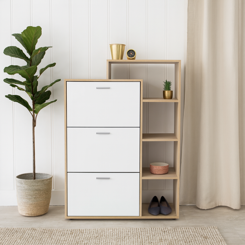 Porte-Chaussures Modera Avec Façade En High Gloss Et 3 Portes Battantes, Compartiments Inclus