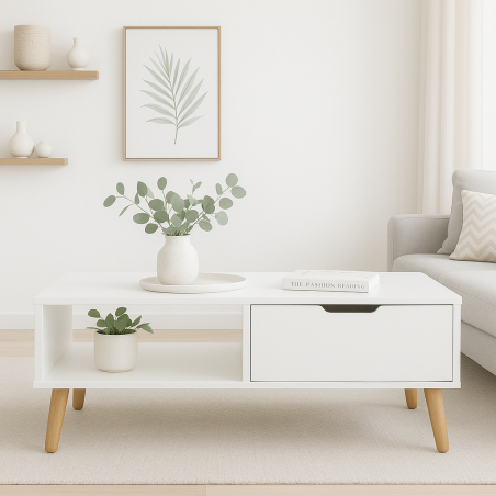 Table Basse Dina : Élégance en Blanc et Chêne Sonoma à Petit Prix