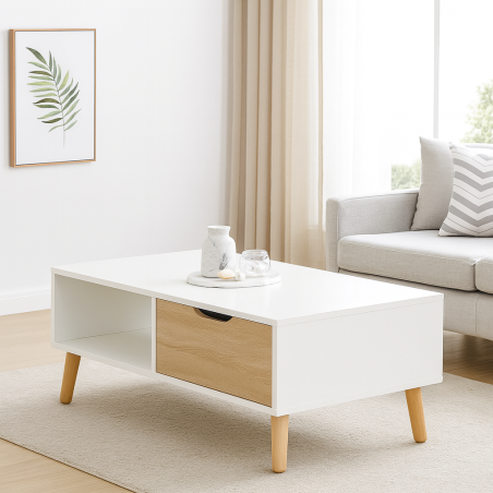 Table Basse Dina : Élégance en Blanc et Chêne Sonoma à Petit Prix