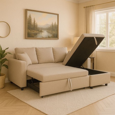 Canapé d’Angle Convertible “CosyDream” – Canapé-Lit avec Coffre – Grège