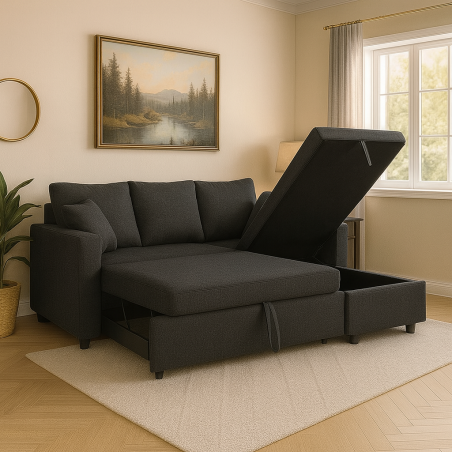 Canapé d’Angle Convertible “CosyDream” – Canapé-Lit avec Coffre – Gris foncé