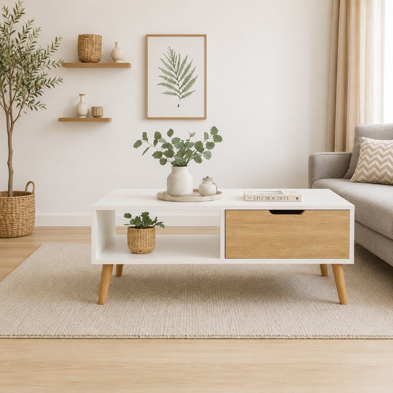 Table Basse Dina : Élégance en Blanc et Chêne Sonoma à Petit Prix Table Basse Dina : Élégance en Blanc et Chêne Sonoma à Petit Prix